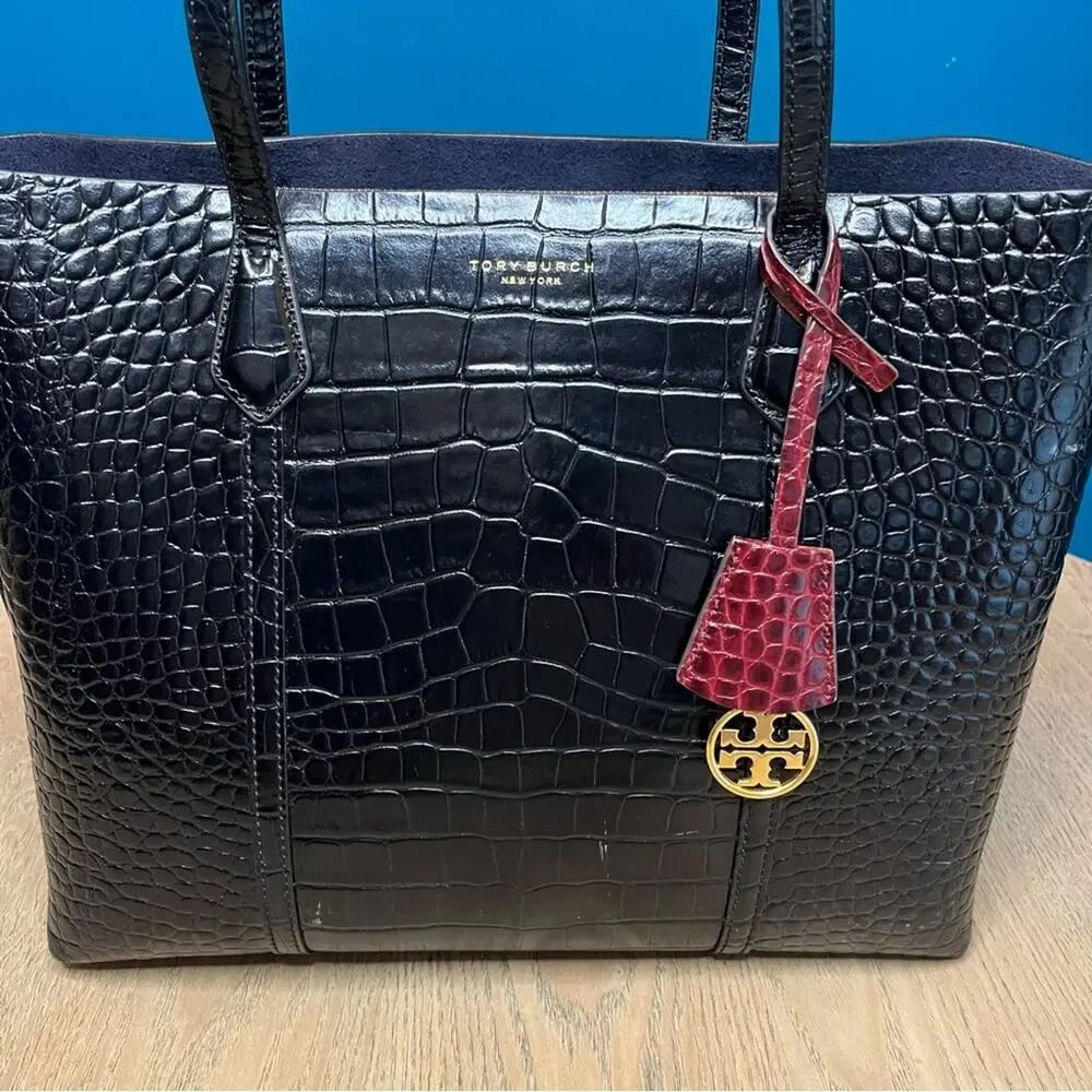 Tory Burch Perry Black Croc Embossed Triple Compartment Zip Tote Bag Large Purse